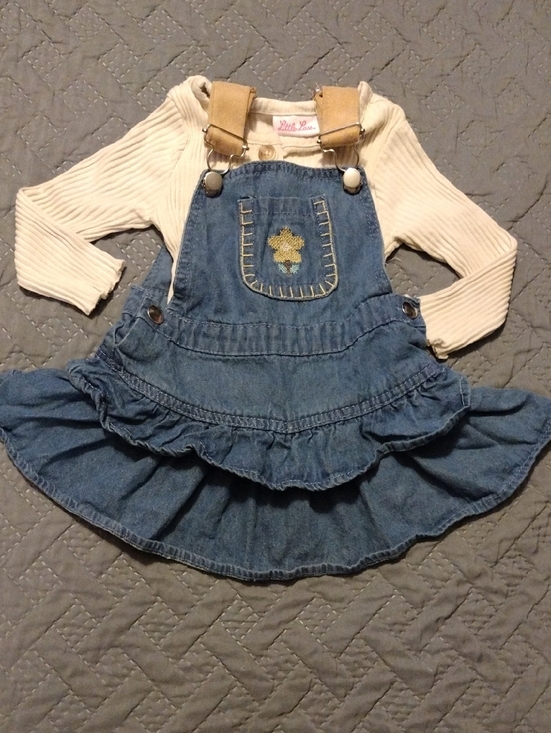 Little Lass Other - Denim Ruffle Overall Dress with Cream Ribbed Top